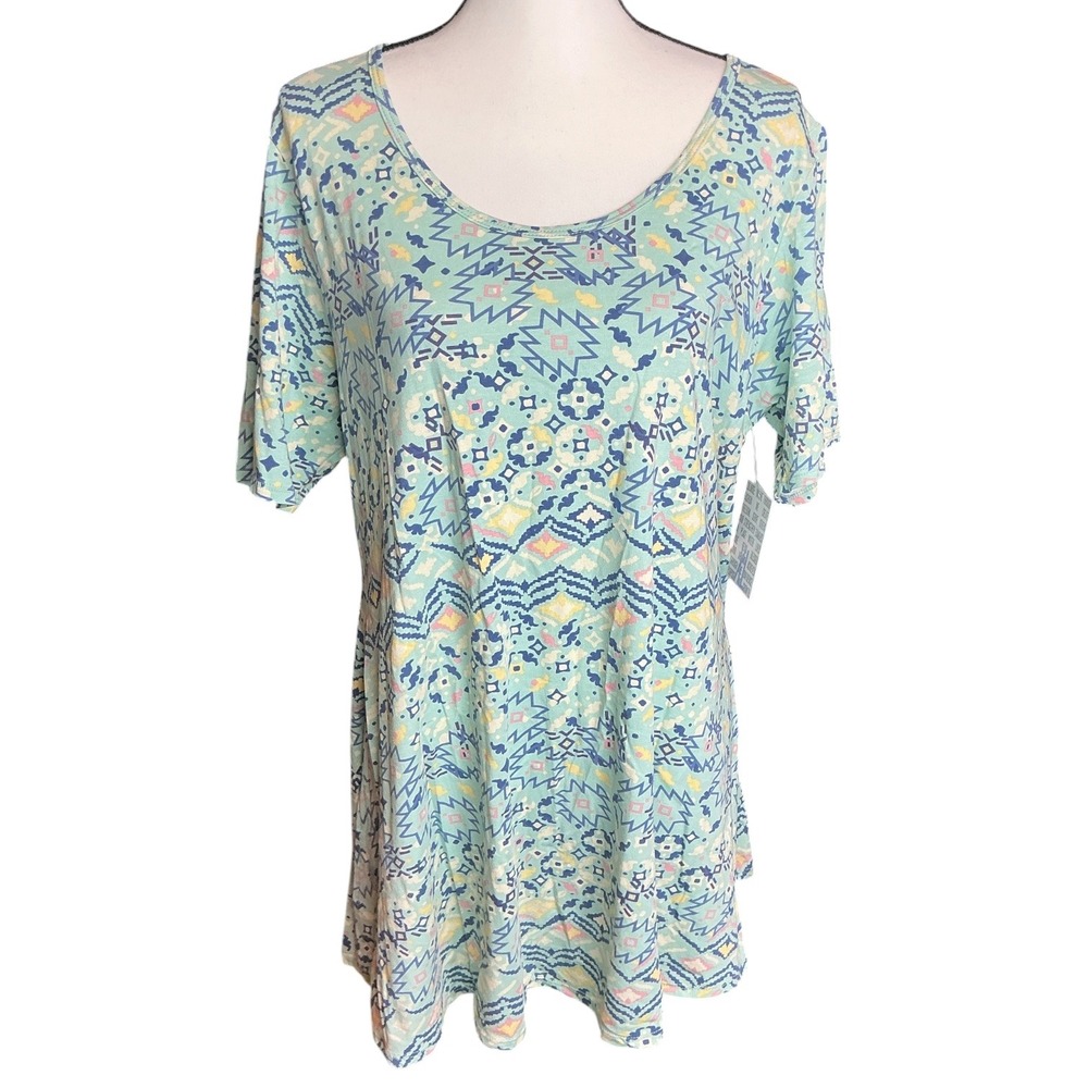 LuLaRoe Mint Green Geometric Perfect T Top Womens XL Short Sleeve Side Slits NWT